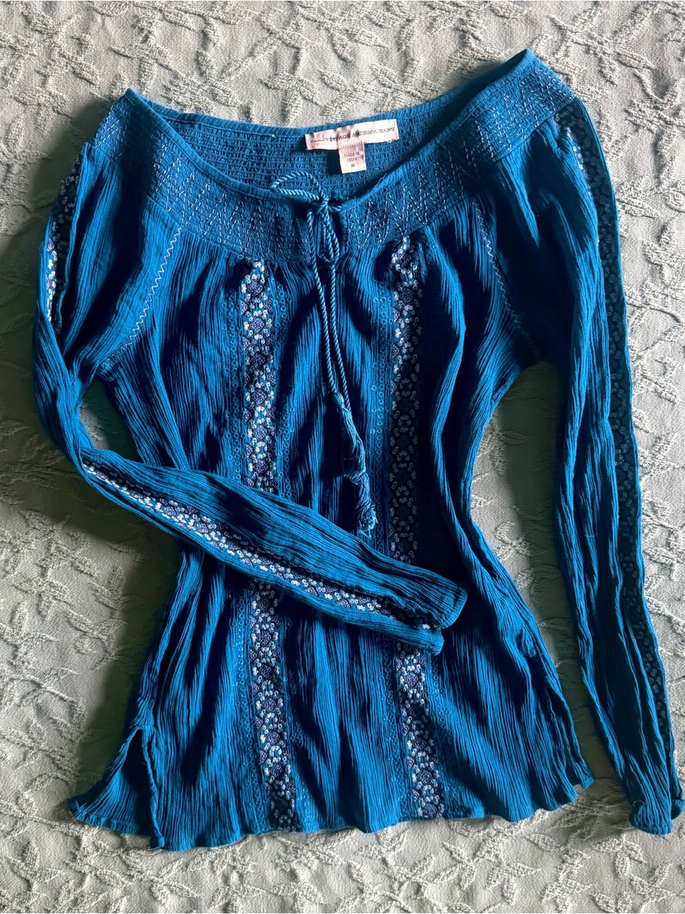 100% Cotton Nine West Embroidered Boho Peasant Blouse | Teal - Small